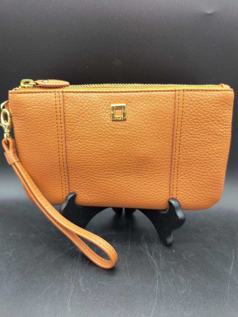 Lodis Pebbled Cognac Leather Wristlet + Removable Wallet Insert
